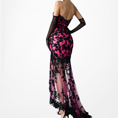 Vintage Y2K Black Pink Strapless Lace Beaded High Low Maxi Prom Dress Size S/M