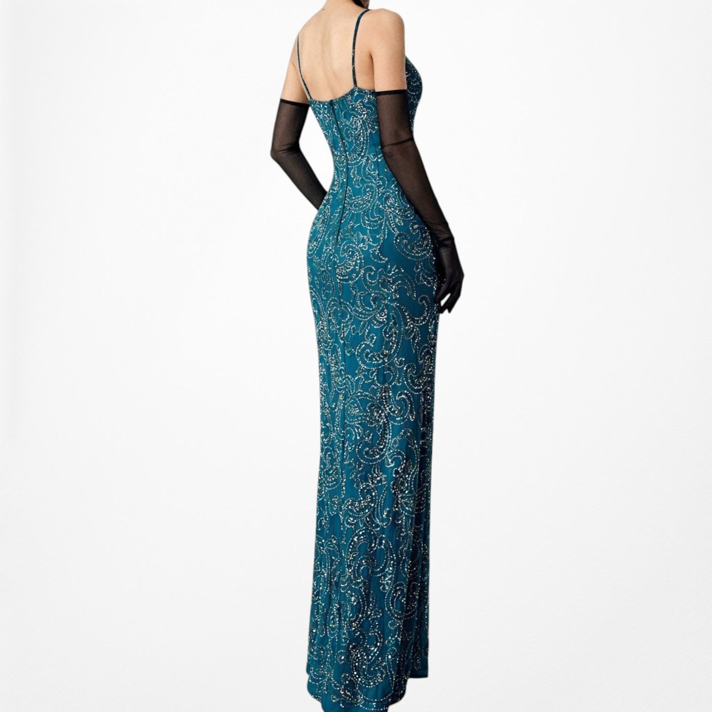Vintage Teal Blue Silk Beaded Maxi Bodycon Side Slit Prom Dress Size M