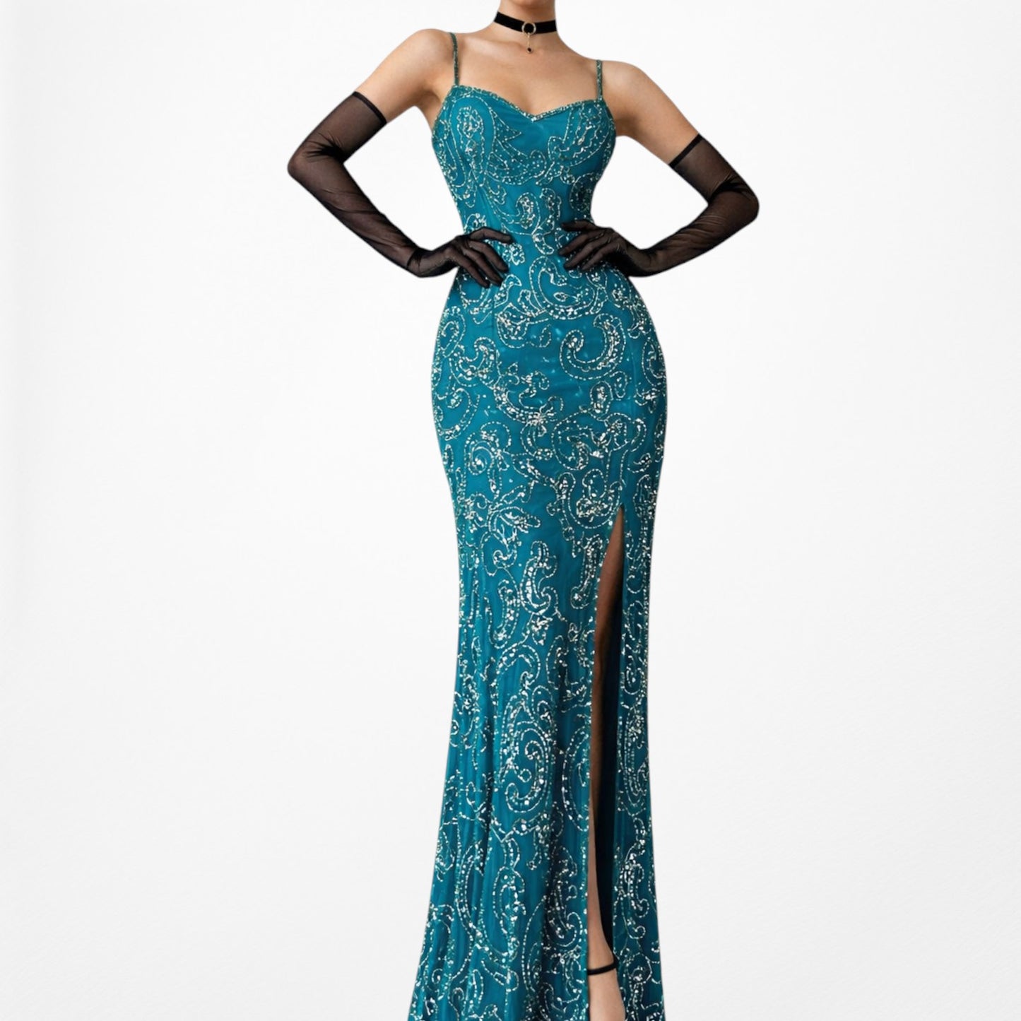 Vintage Teal Blue Silk Beaded Maxi Bodycon Side Slit Prom Dress Size M