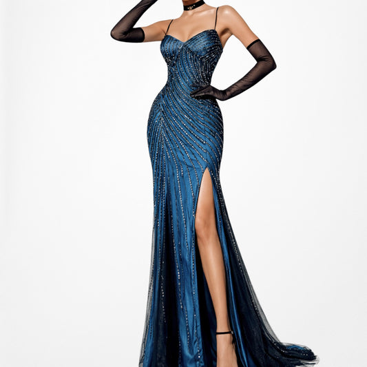 Vintage Blue Beaded Fit Flared Mesh Maxi Formal Prom Dress Size XS