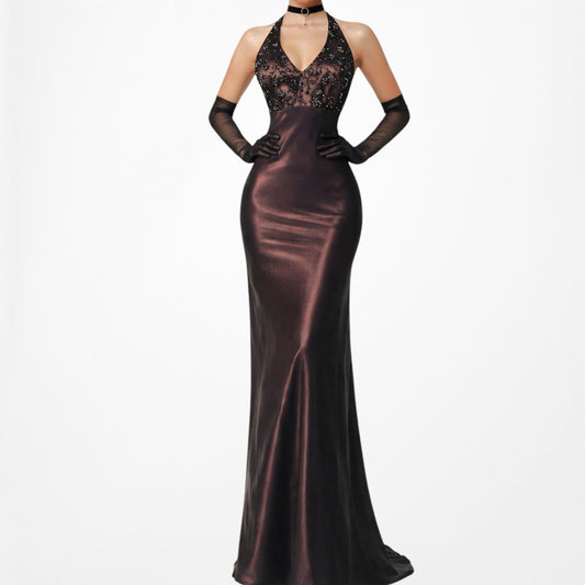 Vintage Brown Floral Beaded Satin Halter Maxi Prom Dress Size S/M