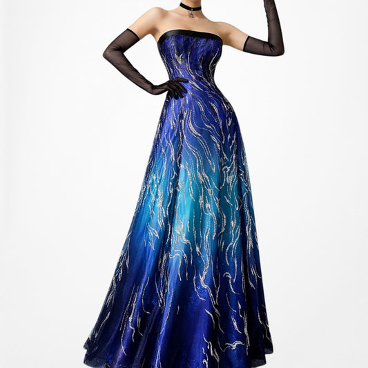 Vintage Blue Strapless Satin Mesh Ombre Fit Flared Maxi Formal Prom Dress Size XS/S