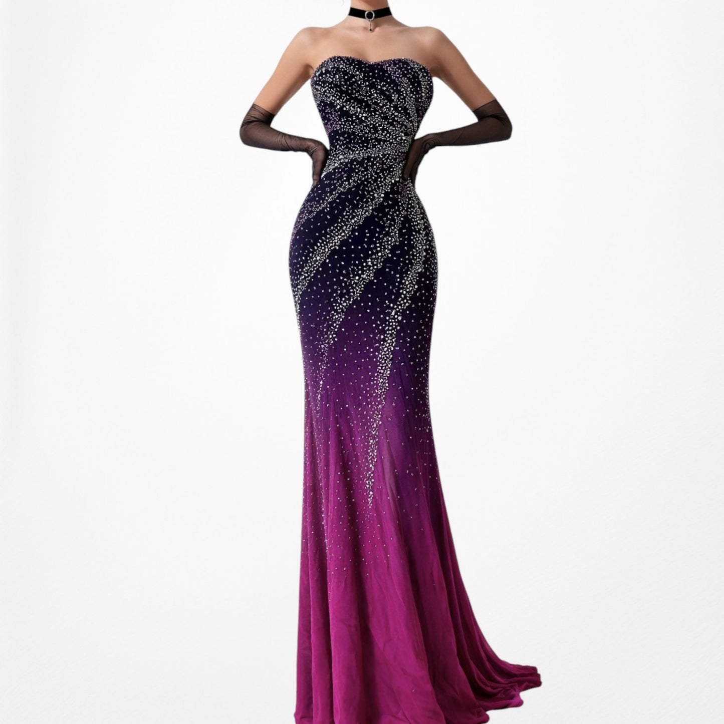 Vintage Y2K Purple Pink Silk Strapless Bodycon Beaded Maxi Prom Dress Size XS