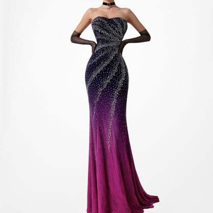 Vintage Y2K Purple Pink Silk Strapless Bodycon Beaded Maxi Prom Dress Size XS