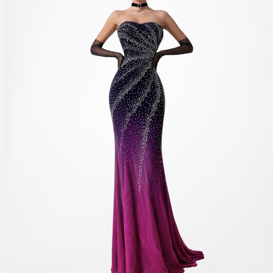 Vintage Y2K Purple Pink Silk Strapless Bodycon Beaded Maxi Prom Dress Size XS