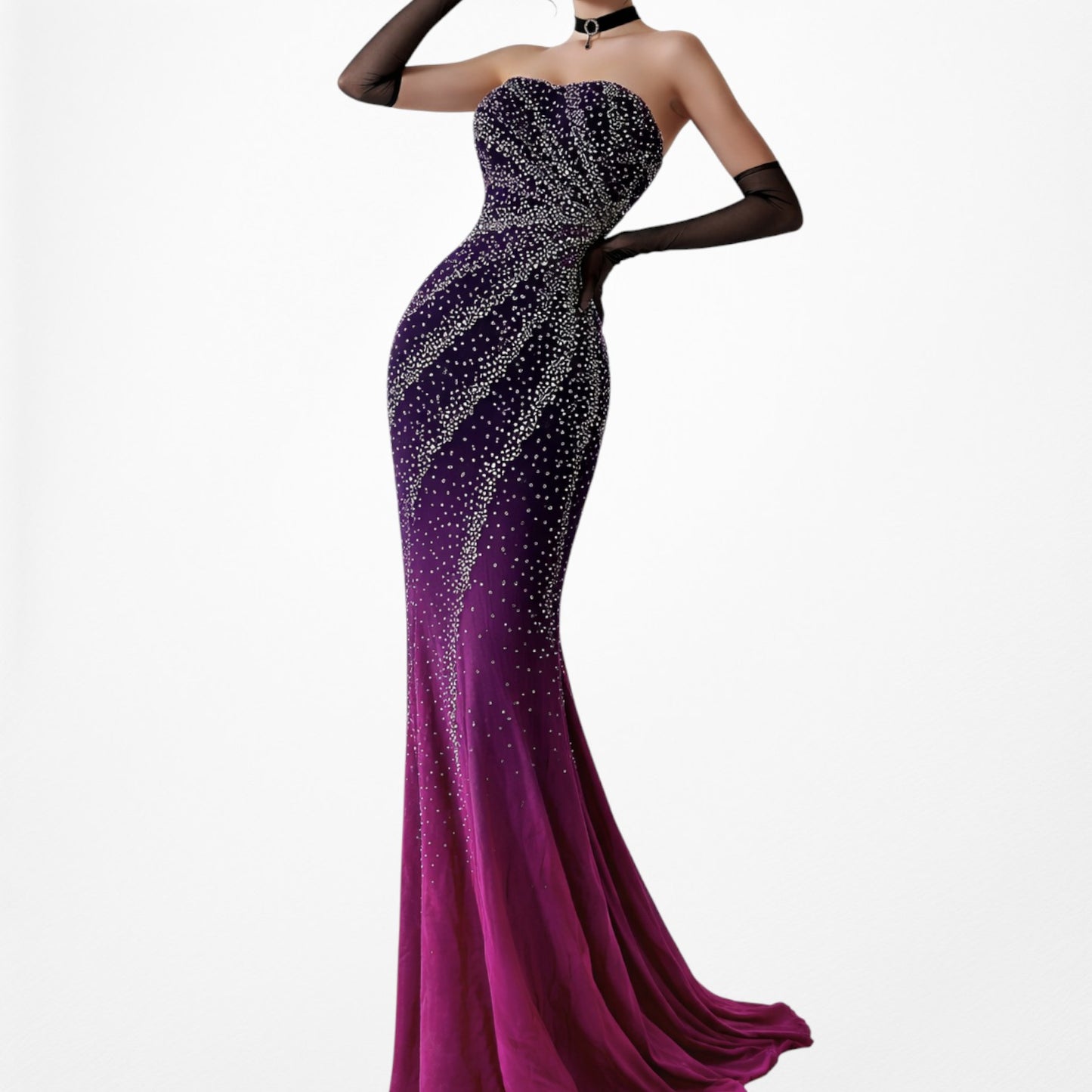 Vintage Y2K Purple Pink Silk Strapless Bodycon Beaded Maxi Prom Dress Size XS