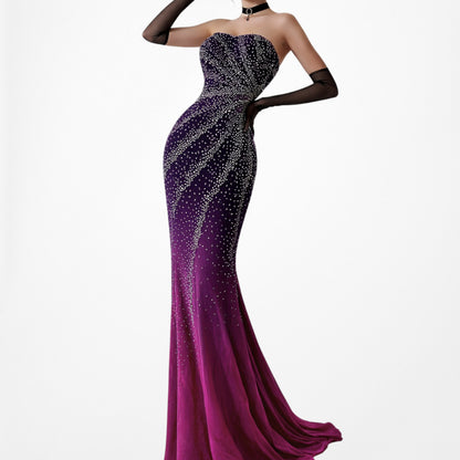 Vintage Y2K Purple Pink Silk Strapless Bodycon Beaded Maxi Prom Dress Size XS