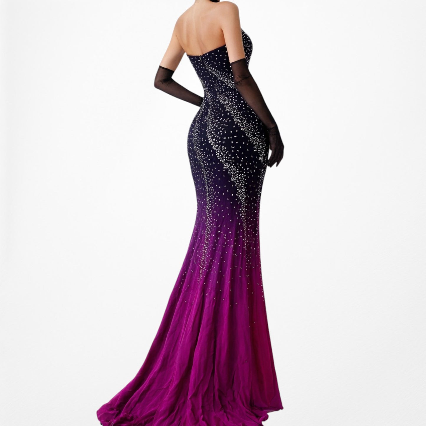 Vintage Y2K Purple Pink Silk Strapless Bodycon Beaded Maxi Prom Dress Size XS