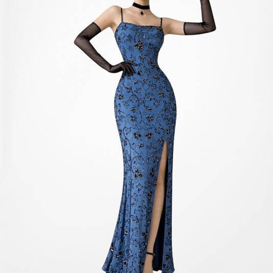 Vintage Blue Floral Beaded Silk Side Slit Bodycon Maxi Cocktail Dress Size S