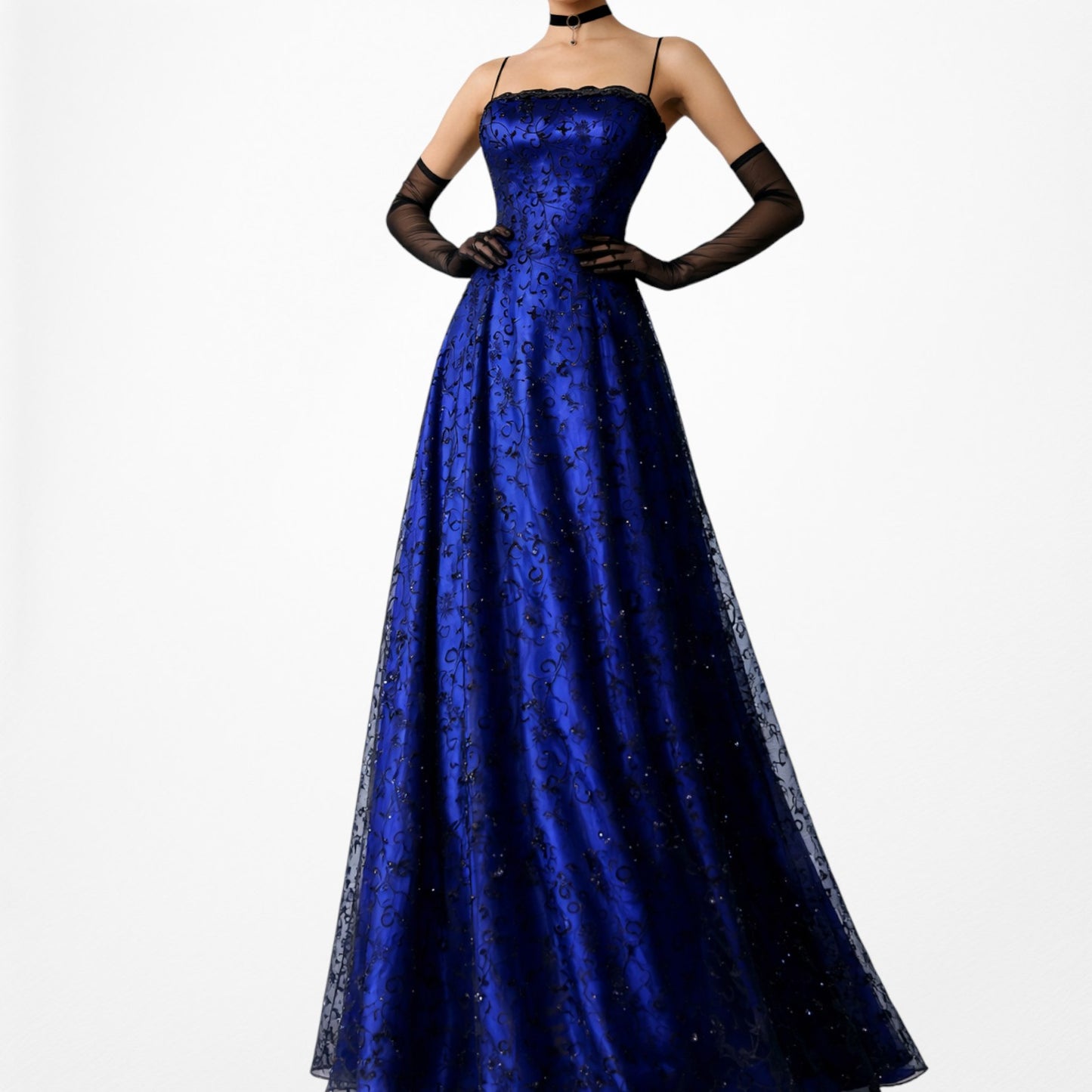 Vintage Black Blue Velvet Mesh Glitter Fit Flared Maxi Prom Dress Size M