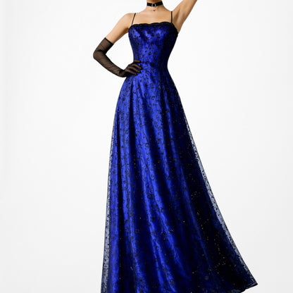 Vintage Black Blue Velvet Mesh Glitter Fit Flared Maxi Prom Dress Size M