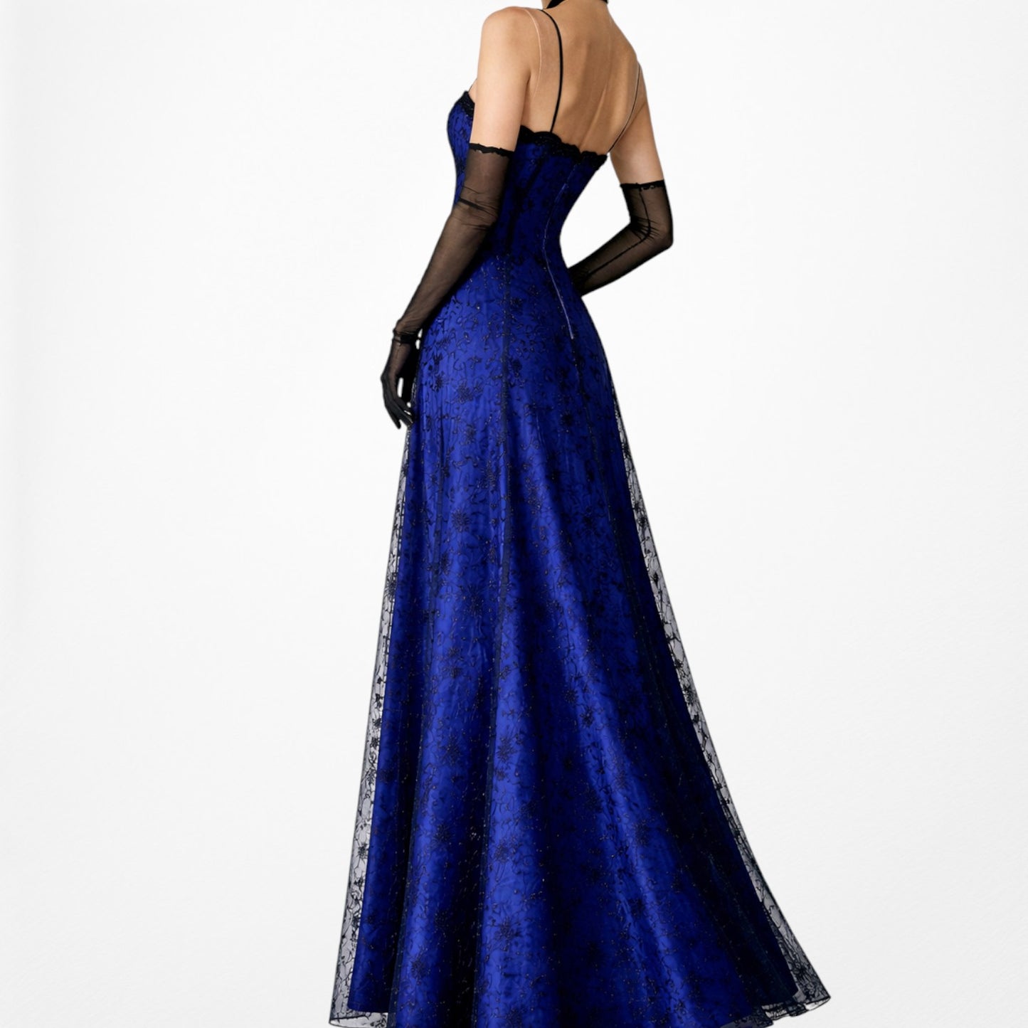 Vintage Black Blue Velvet Mesh Glitter Fit Flared Maxi Prom Dress Size M