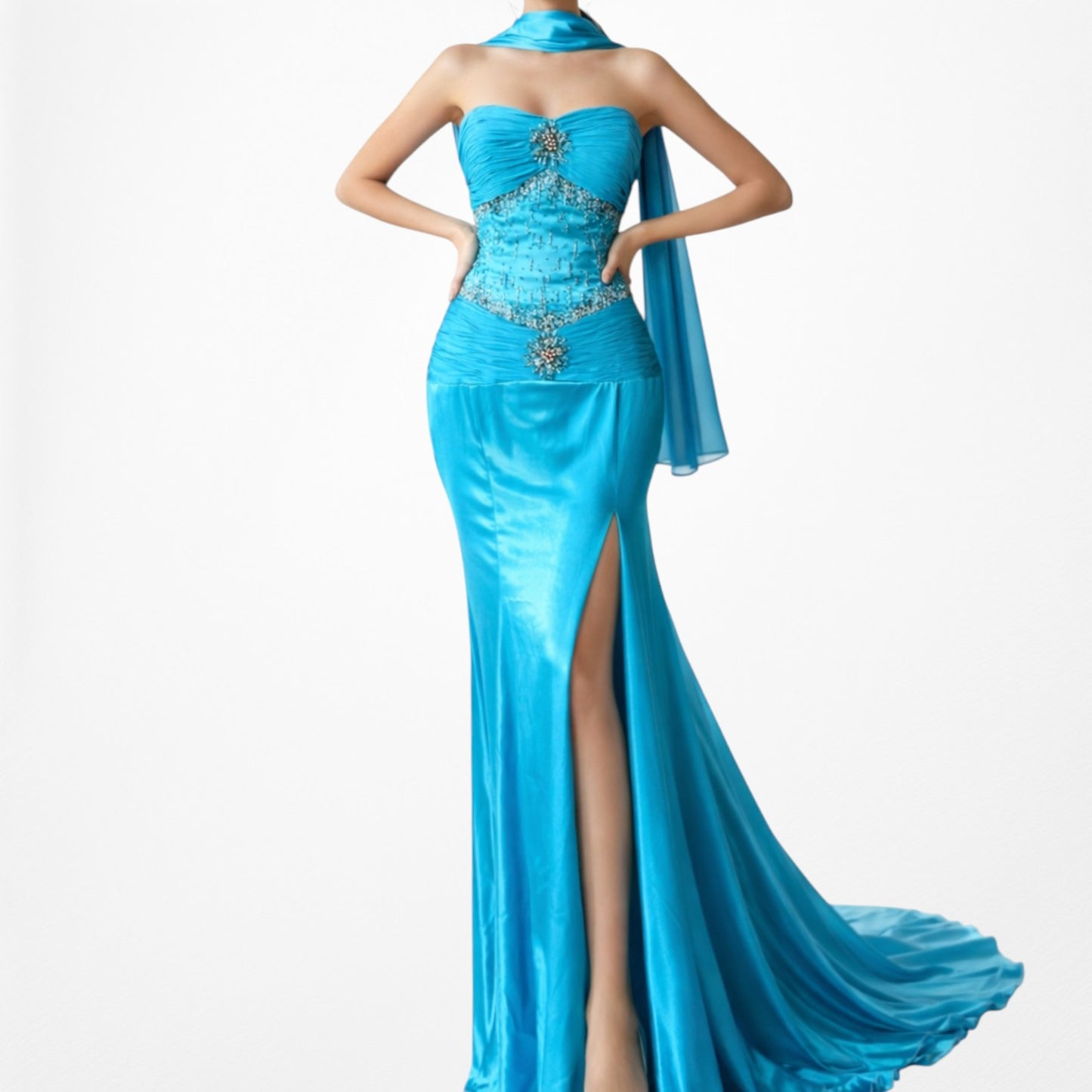 Vintage Y2K Blue Strapless Satin Pleated Flared Maxi Prom Dress W/ Shawl Size M