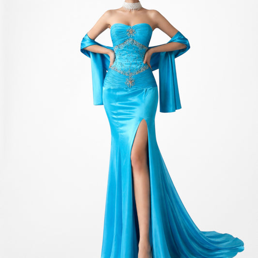 Vintage Y2K Blue Strapless Satin Pleated Flared Maxi Prom Dress W/ Shawl Size M