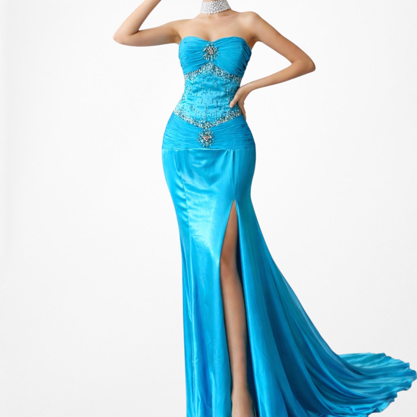 Vintage Y2K Blue Strapless Satin Pleated Flared Maxi Prom Dress W/ Shawl Size M