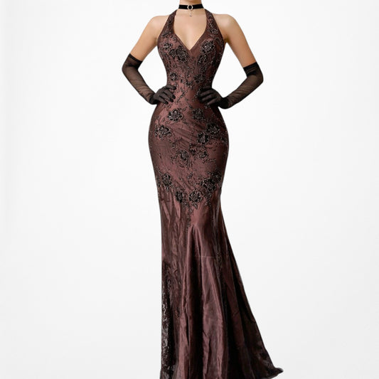 Vintage Brown Floral Beaded Embroidered Silk Slip On Maxi Formal Prom Dress Size S