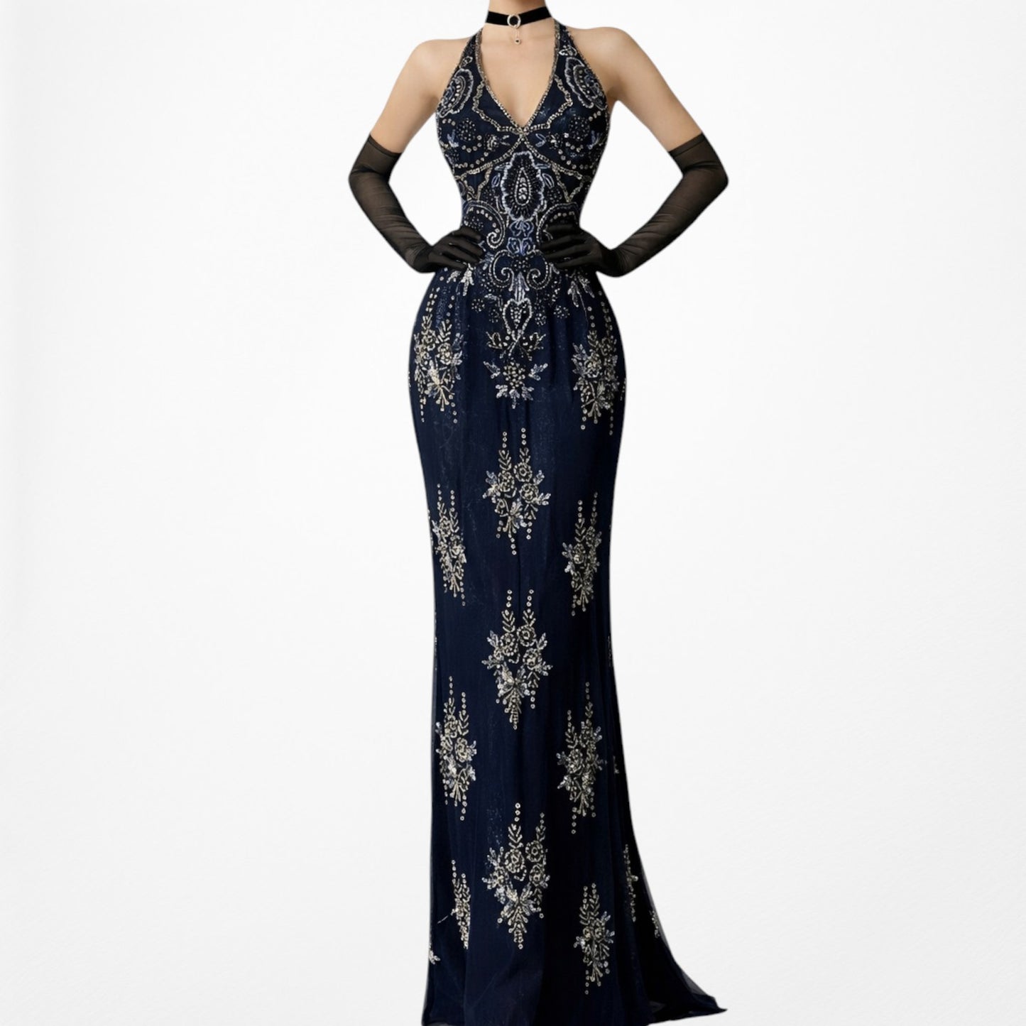 Vintage Y2K Black Navy Silk Beaded Halter Bodycon Maxi Prom Dress Size M