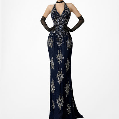 Vintage Y2K Black Navy Silk Beaded Halter Bodycon Maxi Prom Dress Size M