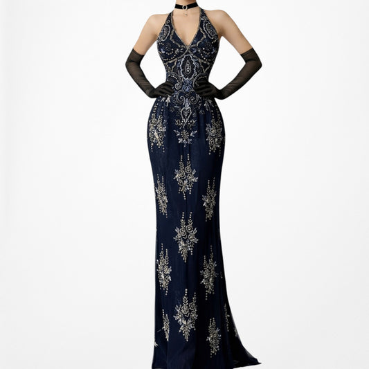 Vintage Y2K Black Navy Silk Beaded Halter Bodycon Maxi Prom Dress Size M