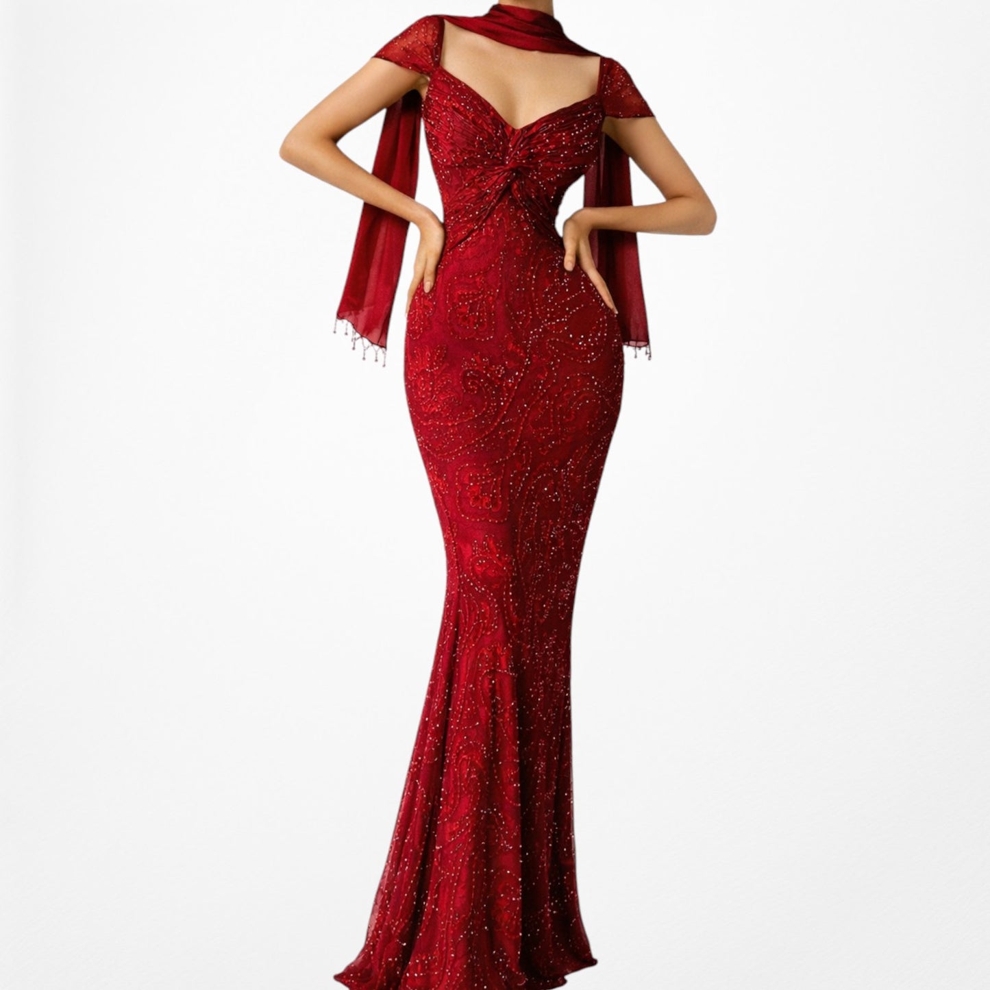 Vintage Red Beaded Fit Flared Silk Bodycon Maxi Prom Scarf Dress Size S/M