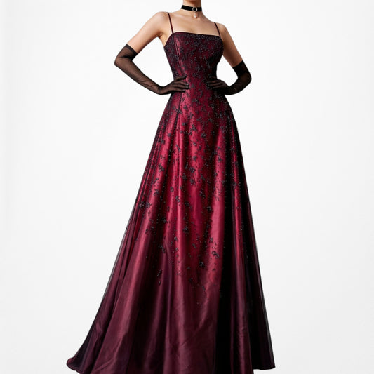 Vintage Burgundy Red Floral Beaded Ombre Mesh Satin Fit Flared Maxi Prom Dress Size L