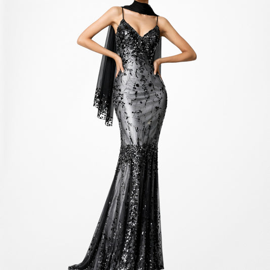 Vintage Gray Black Silk Sequin Beaded Mesh Bodycon Maxi Formal Prom Dress Size S