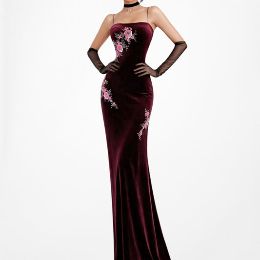 Vintage Pink Purple Floral Beaded Knit Velvet Bodycon Maxi Formal Prom Dress Size L/XL