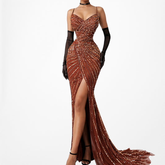 Vintage Brown Beaded Sequin Maxi Bodycon Slit Formal Prom Dress Size S