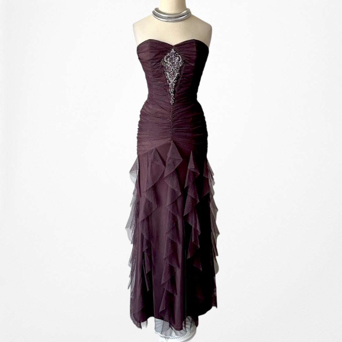 Vintage Brown Strapless Pleated Fit Flared Beaded Maxi Prom Dress Size XS/S