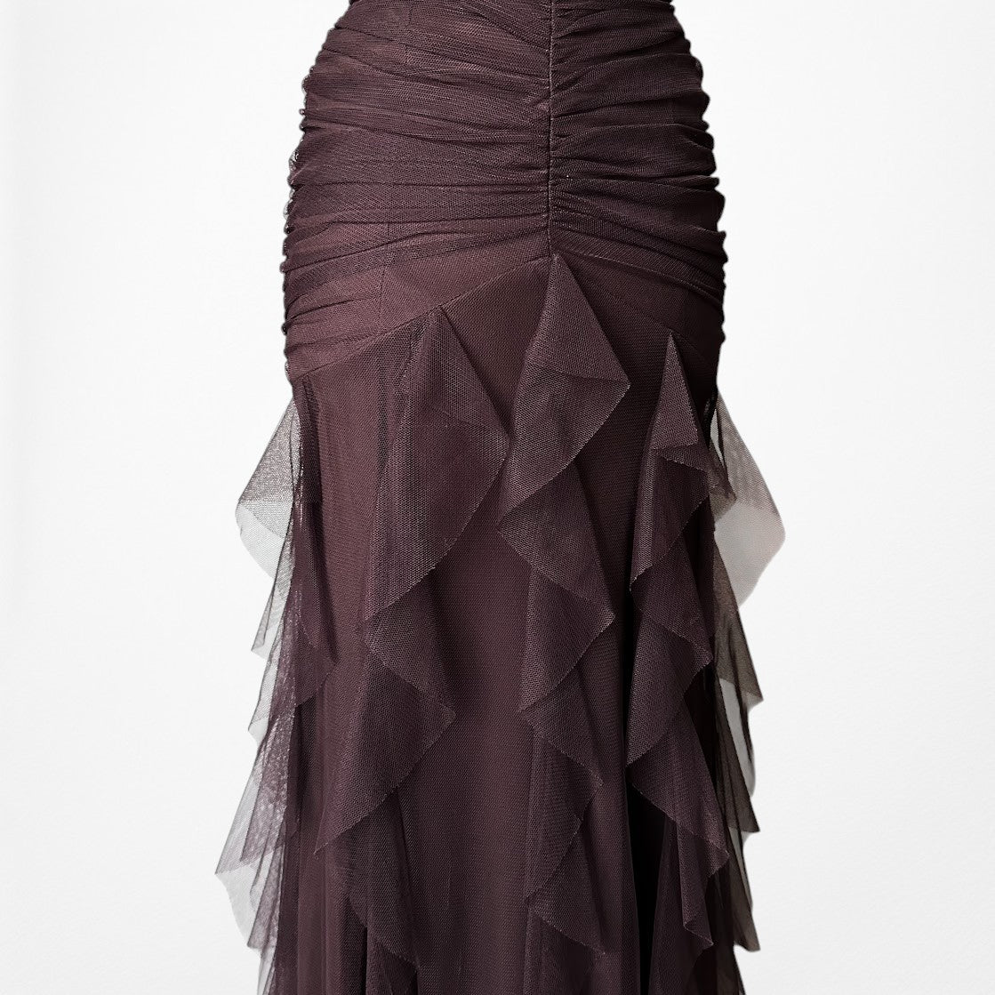 Vintage Brown Strapless Pleated Fit Flared Beaded Maxi Prom Dress Size XS/S