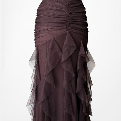 Vintage Brown Strapless Pleated Fit Flared Beaded Maxi Prom Dress Size XS/S