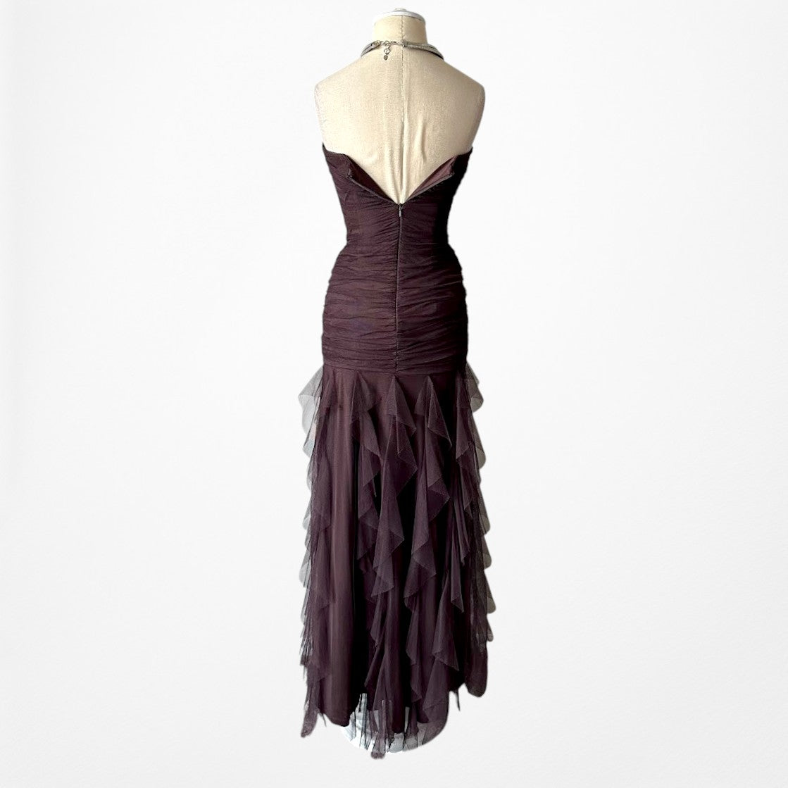 Vintage Brown Strapless Pleated Fit Flared Beaded Maxi Prom Dress Size XS/S