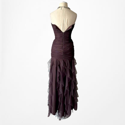 Vintage Brown Strapless Pleated Fit Flared Beaded Maxi Prom Dress Size XS/S