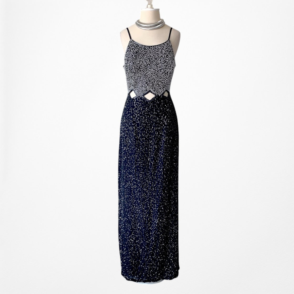 Vintage Blue Silver Cutout Beaded Maxi Bodycon Cocktail Formal Prom Dress M/L