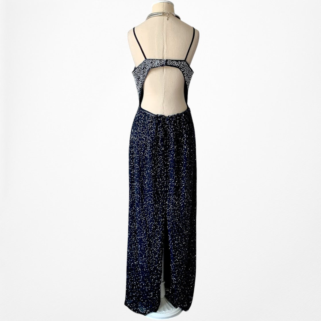 Vintage Blue Silver Cutout Beaded Maxi Bodycon Cocktail Formal Prom Dress M/L