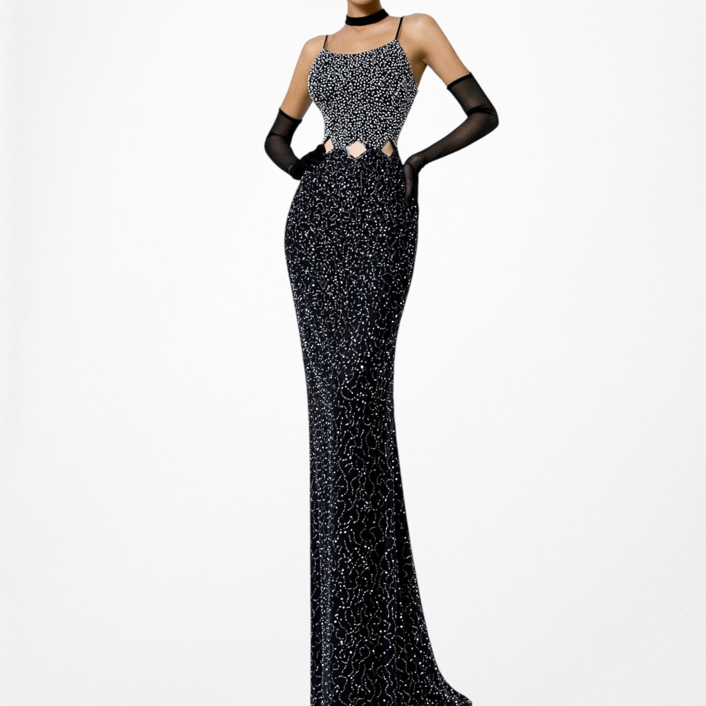 Vintage Blue Silver Cutout Beaded Maxi Bodycon Cocktail Formal Prom Dress M/L
