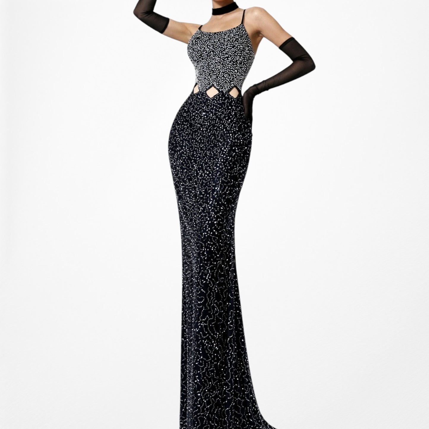 Vintage Blue Silver Cutout Beaded Maxi Bodycon Cocktail Formal Prom Dress M/L
