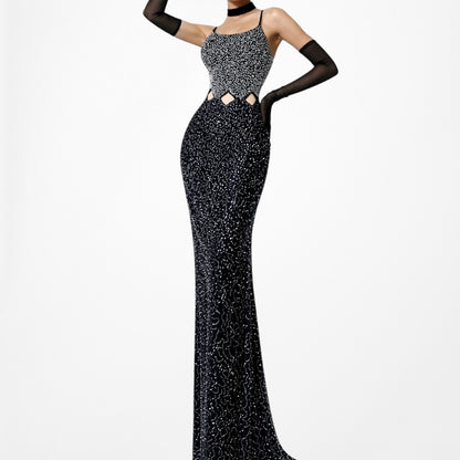 Vintage Blue Silver Cutout Beaded Maxi Bodycon Cocktail Formal Prom Dress M/L