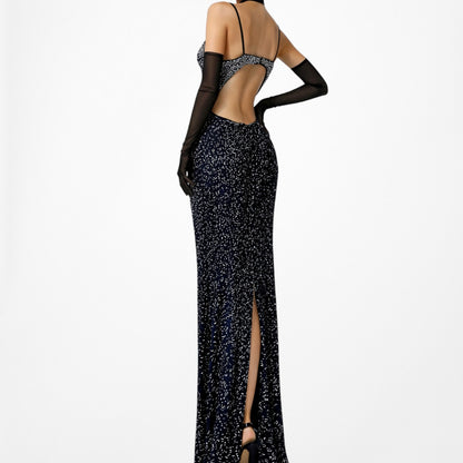 Vintage Blue Silver Cutout Beaded Maxi Bodycon Cocktail Formal Prom Dress M/L