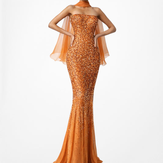 Vintage Orange Strapless Silk Sequin Maxi Bodycon Formal Prom Dress Size M