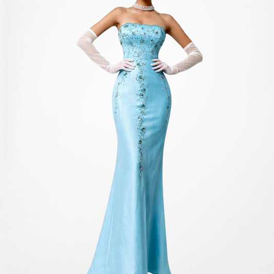 Vintage Y2K Pastel Blue Strapless Floral Beaded Satin Maxi Prom Dress Size S