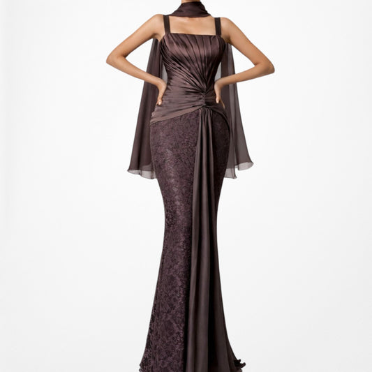 Vintage Brown Pleated Satin Lace Bodycon Maxi Formal Prom Dress Size XS/S