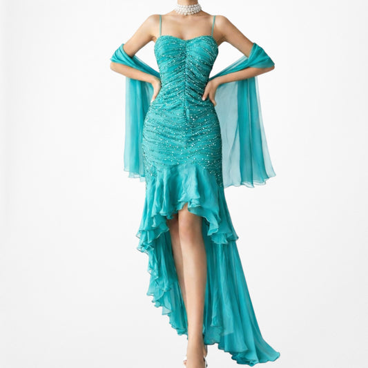 Vintage Blue Silk Beaded Ruffle High Low Midi Cocktail Prom Dress Size M/L