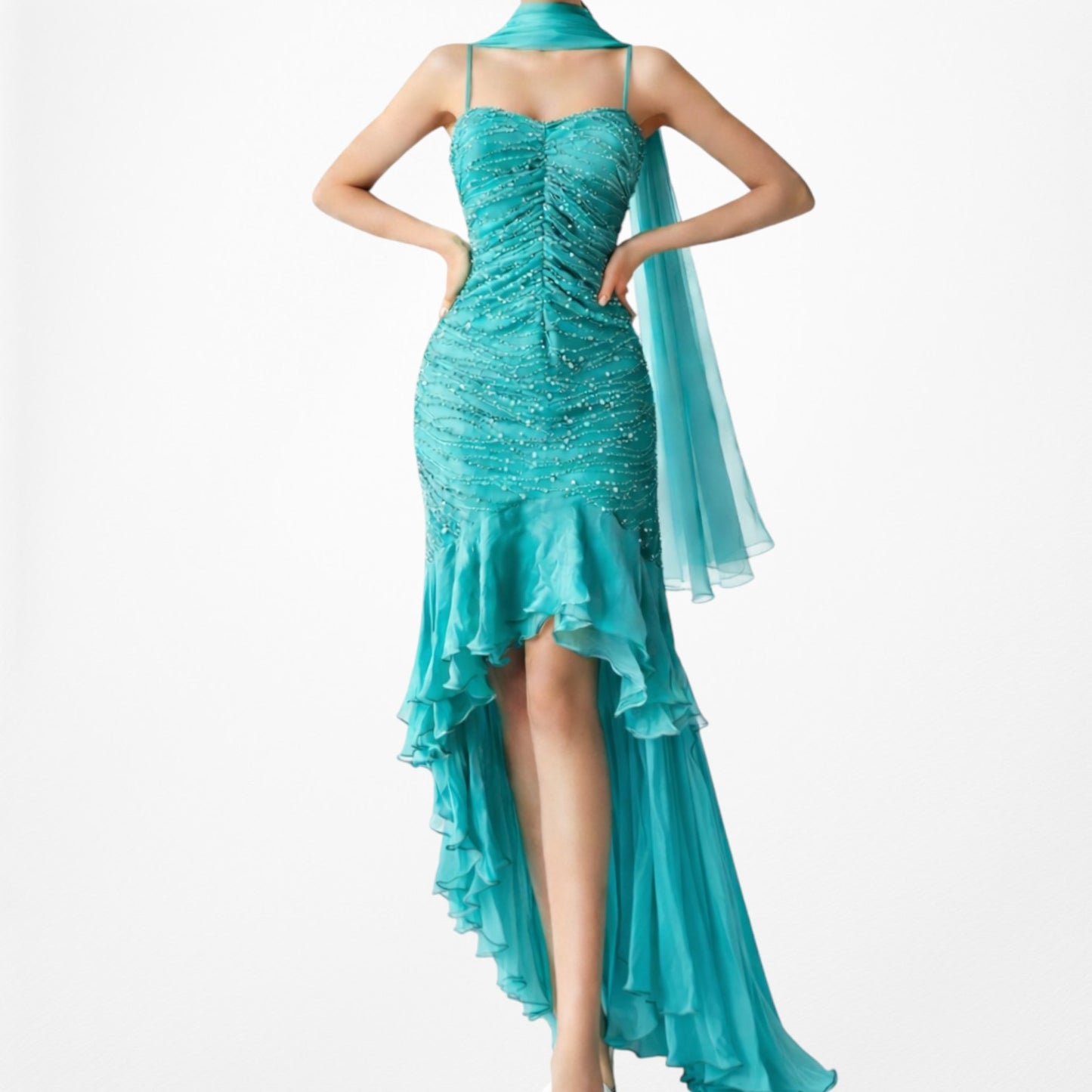 Vintage Blue Silk Beaded Ruffle High Low Midi Cocktail Prom Dress Size M/L