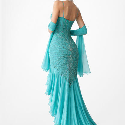 Vintage Blue Silk Beaded Ruffle High Low Midi Cocktail Prom Dress Size M/L