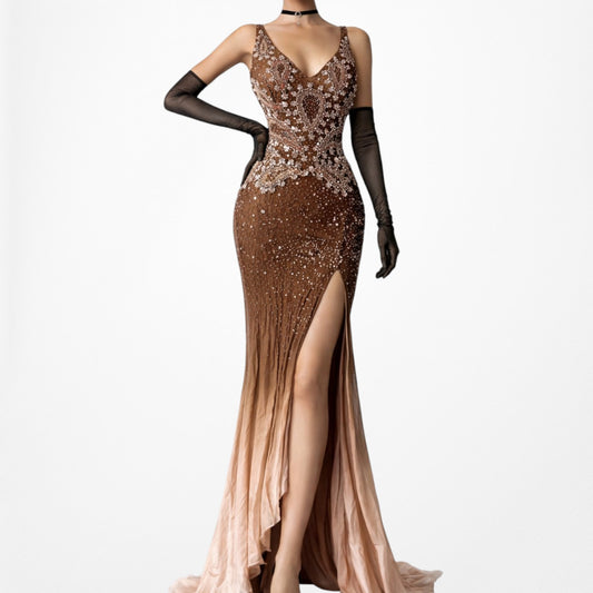 Vintage Brown Beaded Ombre Ruffle Formal Maxi Prom Dress Size S
