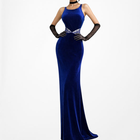 Vintage Blue Velvet Floral Mesh Cutout Maxi Bodycon Formal Cocktail Dress Size S/M