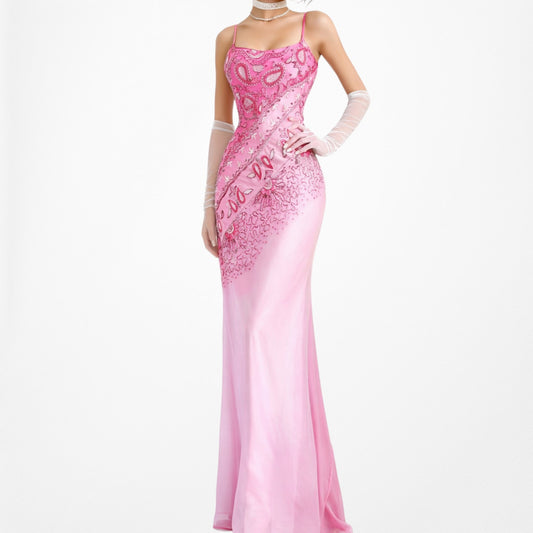 Vintage Pink Floral Beaded Ombre Maxi Bodycon Prom Cocktail Dress Size S