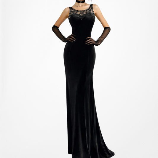 Vintage Black Knit Velvet Sequin Bodycon Maxi Cocktail Formal Prom Dress Size S
