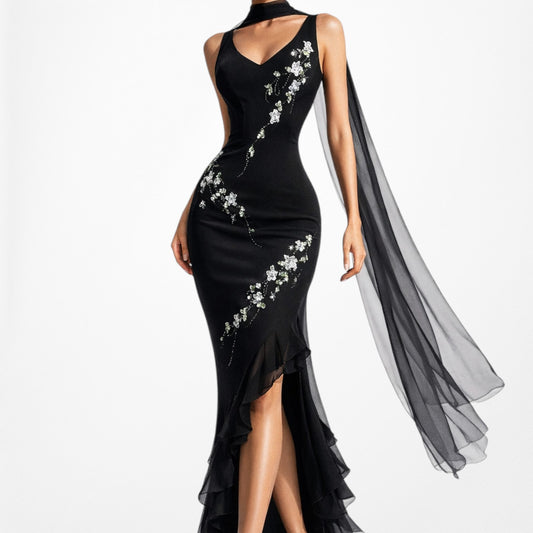 Vintage Black Floral Beaded Ruffle High Low Asymmetric Midi Formal Prom Dress Size S/M